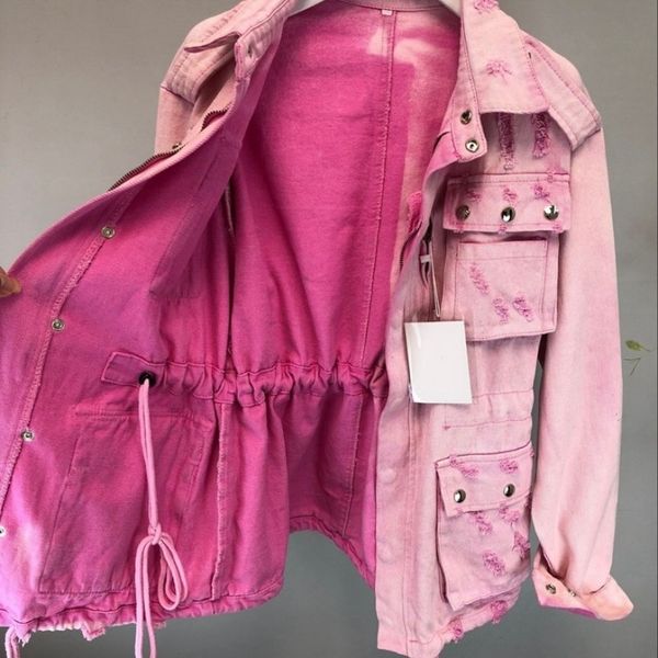

women's jackets pink lace up zippers denim jacket women frayed slim fit sashes adjustable jeans lady harajuku lapel single breasted coa, Black;brown