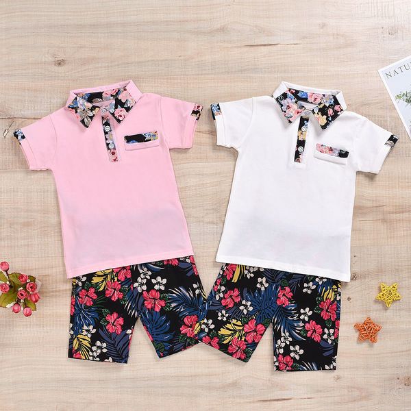 

2020 children's clothing foreign trade summer suit boys lapel shirt pants two-piece set boys clothes floral fashion short, White