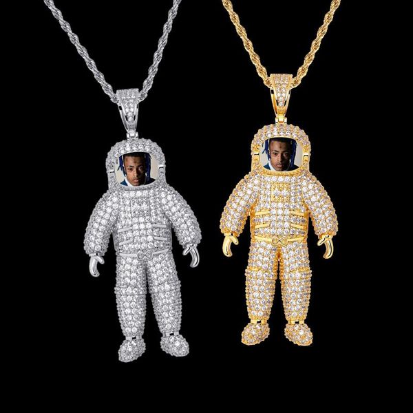 Neue Weißgold-Halskette mit vollem Zirkonia, individuelles Foto, Astonraut-Erinnerung, Anhänger-Halskette, Masculina Bijoux, Hip-Hop-Rapper-Schmuck, Geschenk für Männer und Frauen