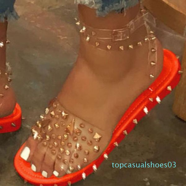 

women ankle strap flats buckle rivet sandals ladies transparent bling metal summer shoes cool girl women's plus size t03, Black