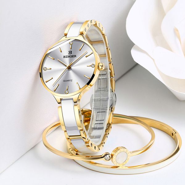 

binger women luxury rhinestone ceramic and steel quartz watches ladies fashiond watch japanese quartz movement relogio 2019 new, Slivery;brown