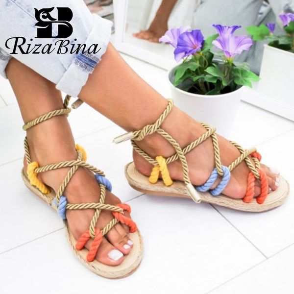 

rizabina size 35-43 women flats sandals lace up colorful casual shoes woman summer gladiator sandal daily home house footwear, Black