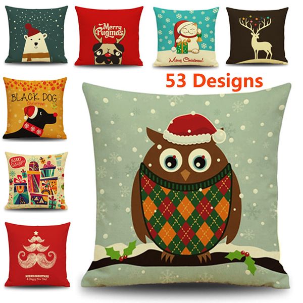 

45*45cm christmas pillow case santa claus reindeer owl tree elk bear cat dog printed cushion cover home car decor decoration wx9-72
