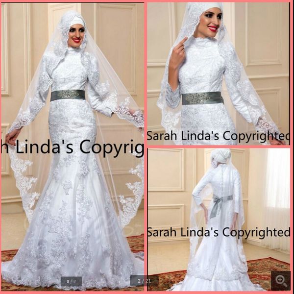 

новый robe de mariage скромный арабский 3/4 рукав русалка мусульманское свадебное платье с высокой шеей аппликации бисером старинные женщины, White