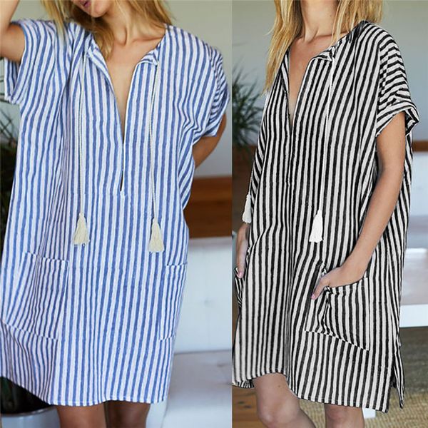 

fashion women casual striped dress 2019 comfortable short sleeve pocket summer dresses v neck black mini dress vestidos 3m27, Black;gray