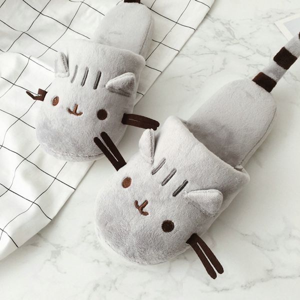 

2020 new cat animal indoor slippers cartoon house women soft slipper indoor house gilr winter faux plush shoes, Black