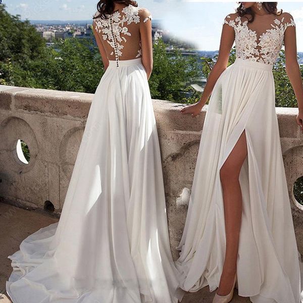 

sheer lace beach bridal gowns appliqued bohemian wedding dresses capped sleeves high split chiffon dresses, White
