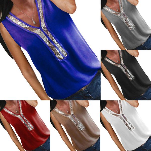 

new style women blouse summer sleeveless patchwork casual blouse ladies deep v-neck loose sequined fashion 2019, White
