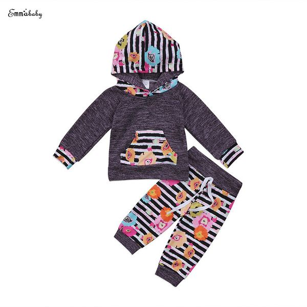 

emmababy 0-24m newborn baby hooded clothes long sleeve hooded pullover +striped floral pant trouser 2pcs outfit clothing set, Pink;blue