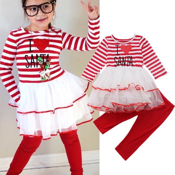 

christmas toddler baby girls lovely sets 2pcs long sleeve letter striped lace patchwork +red pants outfit 0-5y, White