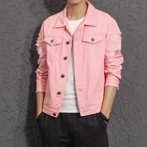

luxury new destroyed denim jacket men women 2018 hip hop autumn turn-down collar hip hop jackets pink jackets puls size 4xl 5xl, Black;brown