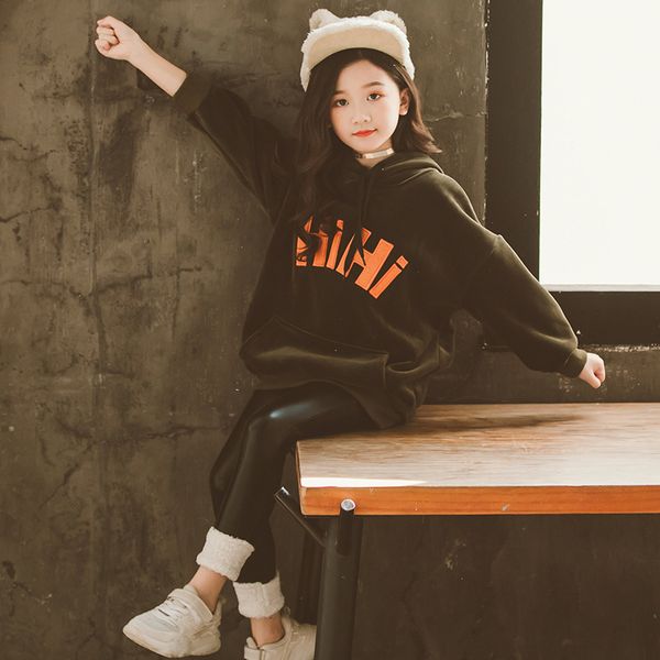 

2019 winter new style big boy korean-style sable fur hoodie girls western style children brushed and thick hoodie, Black