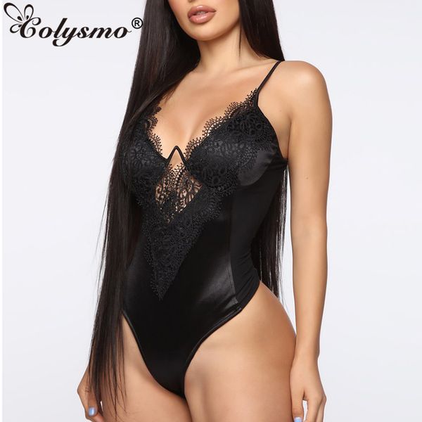 

colysmo cut out bodysuits summer party club wear lace black bodysuit women deep-v side see through mesh bodycon body, Black;white