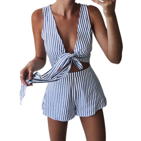 

newly women striped v neck crop tank elastic high waist shorts set summer beach sets vk-ing, White