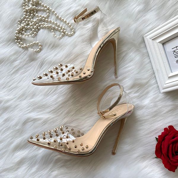 

2020 wedding lady women silver patent leather gold spikes poined toes high heeled heels stiletto shoes strap slingback pumps