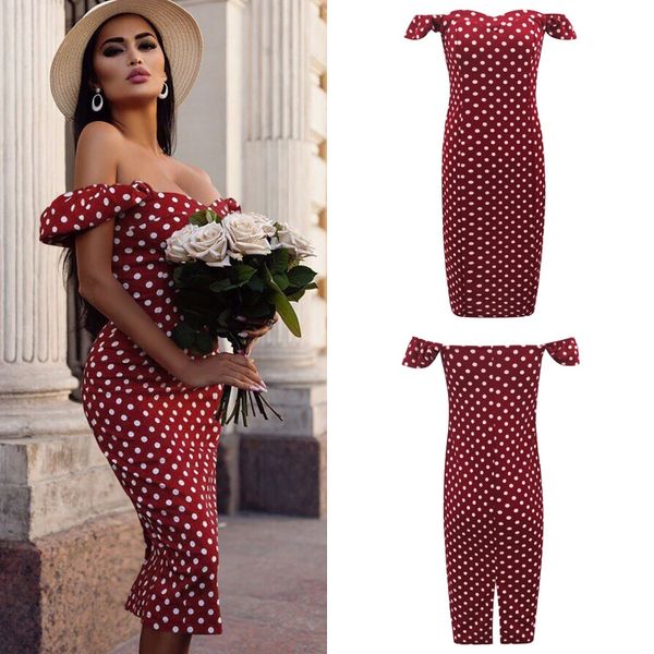 

summer women one-shoulder polka dot printed bag hip midi dress elegant lady party dress, White;black