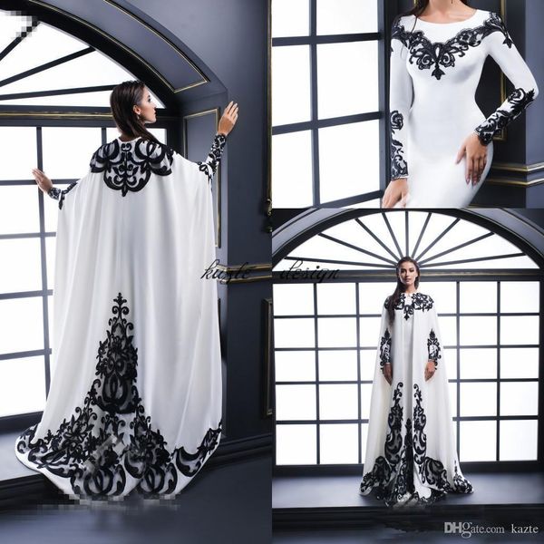 Schwarzweiss-Kaftan Dubai Abaya Mermaid Abendkleider mit Cape Jewel Ausschnitt mit langen Ärmeln bodenlangen Abendkleid-Abend-Partei-Kleider