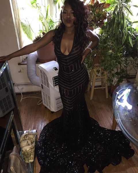 

2019 sexy v шеи черный блесток выпускного вечера вечерние платья без рукавов русалка черный вечерние платья выпускного вечера выпускные плат, Black