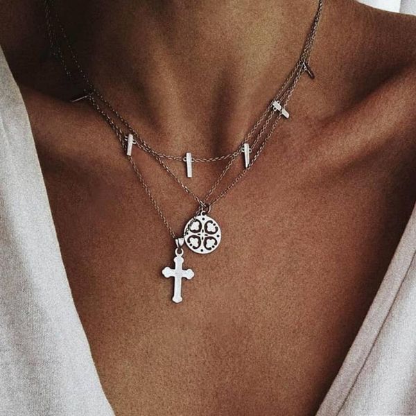 

trendy choker necklaces & pendants for women fashion silver multilayer cross clover chain necklace female 2019 new boho jewelry