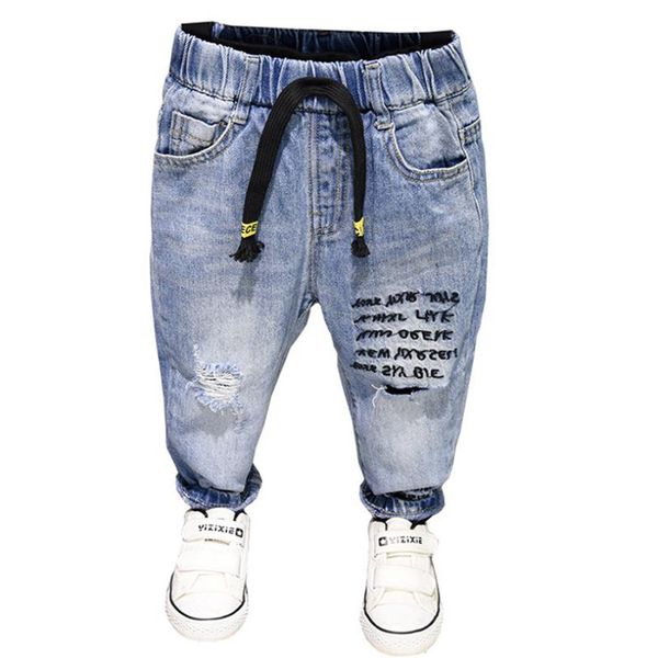 

2-7yrs boys clothes 2019 spring children broken hole pants new baby boys letter jeans pants brand trousers fashion jeans, Blue