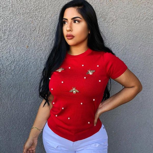 

plus size women designer t shirts clothing short sleeve luxury t shirt elastic nail beaded bee decorated t shirt with round collar