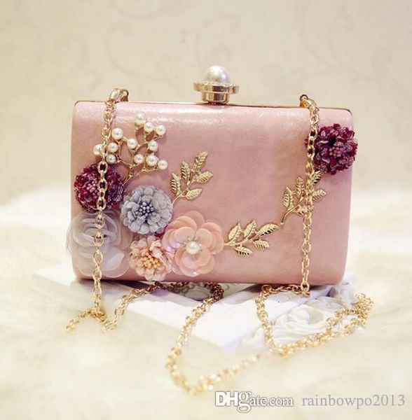 

custom brand package bohemia flower pearl woman dinner package elegant temperament diamond womens chain bag leather hand bag