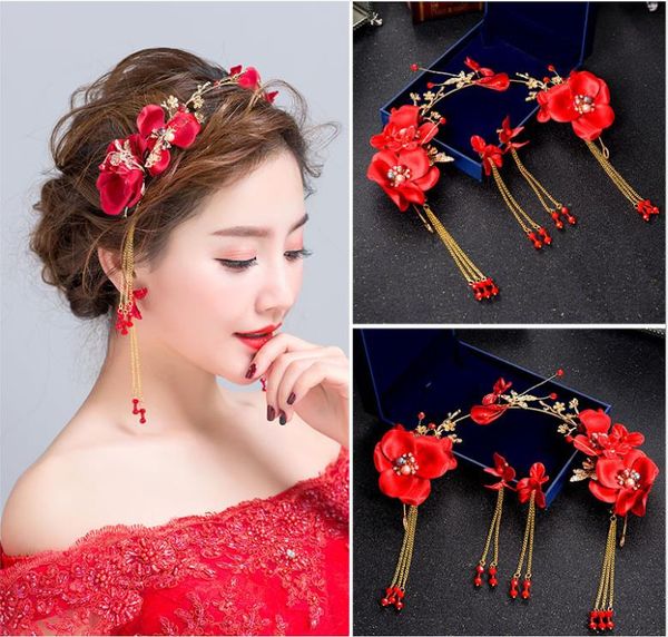 

vintage bride gold red crepe flower crown tiara tassel chinese earrings wedding dress jewelry, Silver