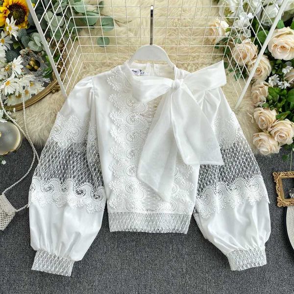

white lace blouse mesh shirt elegant office puff-long sleeves vintage chiffon fashion shirts chic female blusas 2 pieces