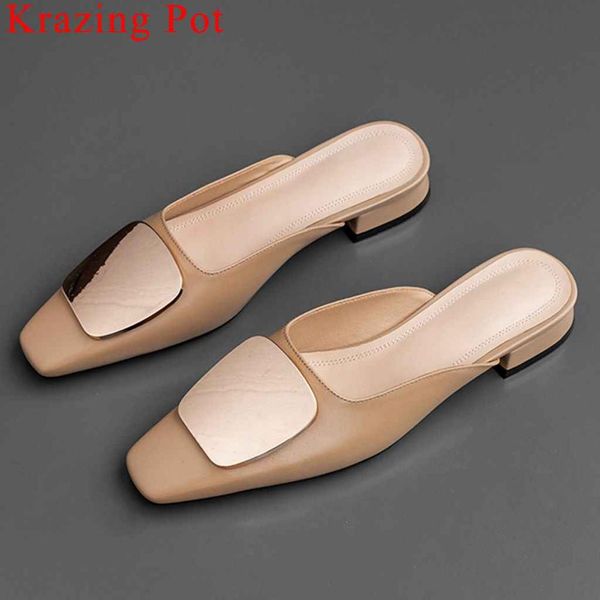 

krazing pot genuine leather slip on mules metal decoration classic square toe hollywood movie stars slingback daily shoes l90, Black