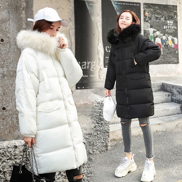

cotton coat new women long coat parka fur hooded thicken coats plus velvet warm female loose black white outwear plus size