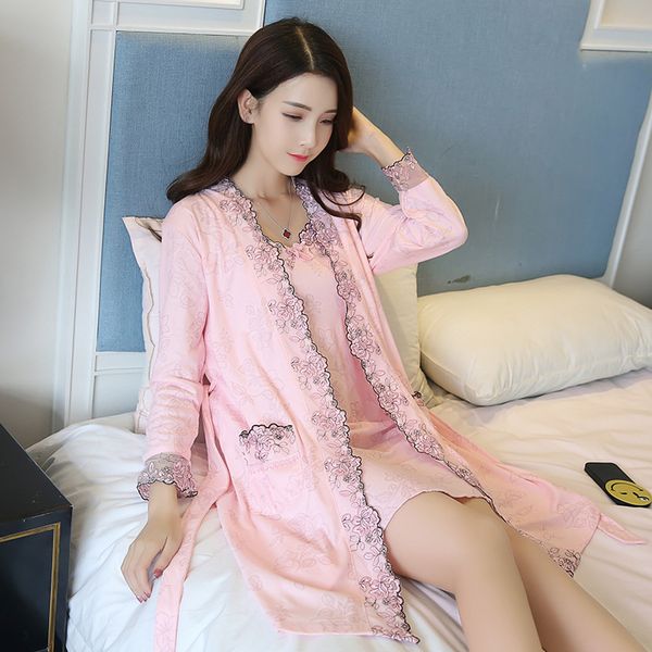 

элегантные шелковое белье установить с robe для женщин вышивки ризы и нижнего белья спагетти ремень платья ночных рубашек полного рукава, Black;red