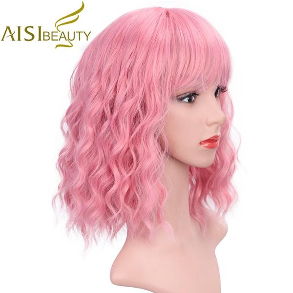 

aisi beauty short wig with bangs 12 inch water wave synthetic wigs for women pink cute lolita cosplay female daily false hair, Black