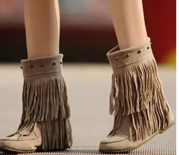 

women's 2 layer fringe tassels flat heel boots zapatos decoration mid-calf slouch shoes winter warm snow boots plus size 34-43 botas za, Blue;gray