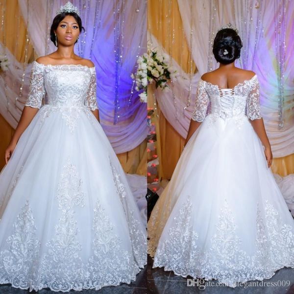 Novo africano nigeriano rendas vestidos de casamento uma linha applique fora do ombro 1/2 mangas vestidos de noiva até o chão vestido de casamento vestidos de novia