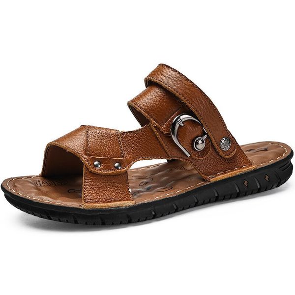 

summer men sandals genuine leather men beach sandals brand hand sewing cow leather casual shoes flops sneakers, Black