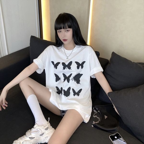 

butterfly short-sleeved t-shirt female loose 2020 t-shirt butterfly round collar all-match harajufeng student female fashion, White