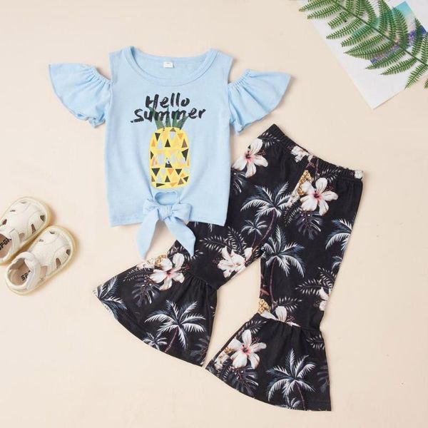 

patpat 2020 new summer 2-piece baby toddler girl letter print pineapple and bellbottom pants sets, White