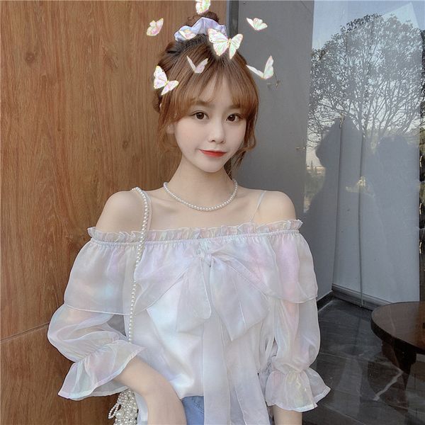 

2020 new arrivals women rainbow chiffon blouse shirt shoulder half sleeve tunic sweet gril tee verano, White