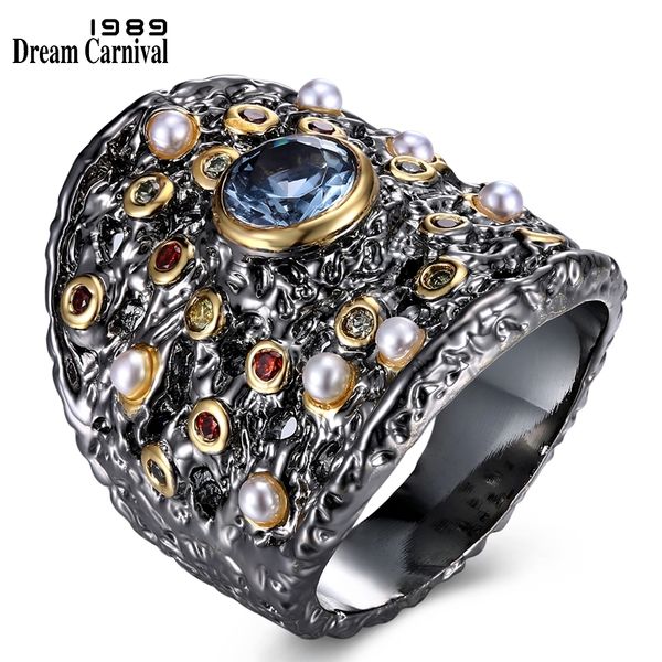 

dreamcarnival 1989 gorgeous big women ring blue zircon matching with colorful cz and beads party jewlery set available wa11584, Golden;silver
