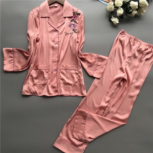 

spring summer lady long sleeve home wear satin embroidery pajamas pyjama set floral turn down collar 2pcs sleepwear, Blue;gray