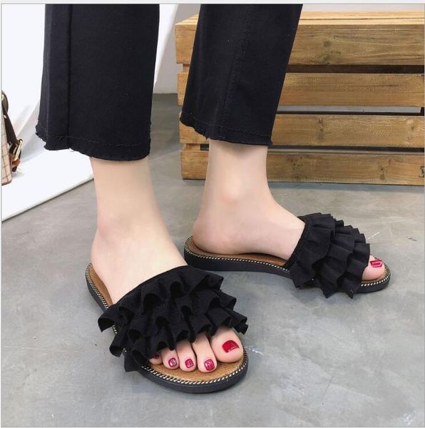 

women korean stylish flock lace slipper female student summer flat causal sandals shoe drop ship, Black