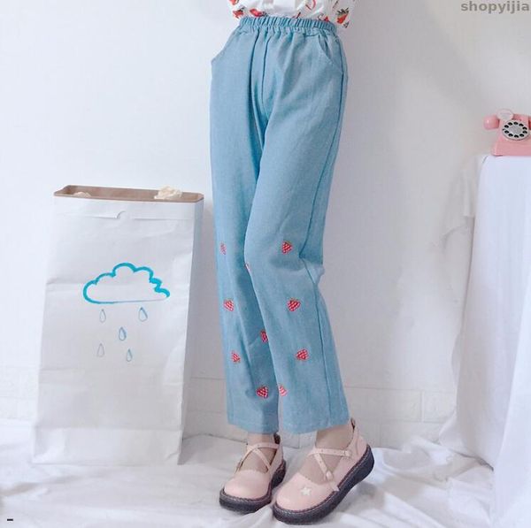 

новый милый клубника лето женщины вышивка джинсы, Blue