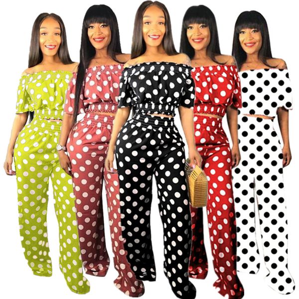 

p8377 european and american women's explosion style fashion new style neck polka dot two-piece wide leg pants suit, White