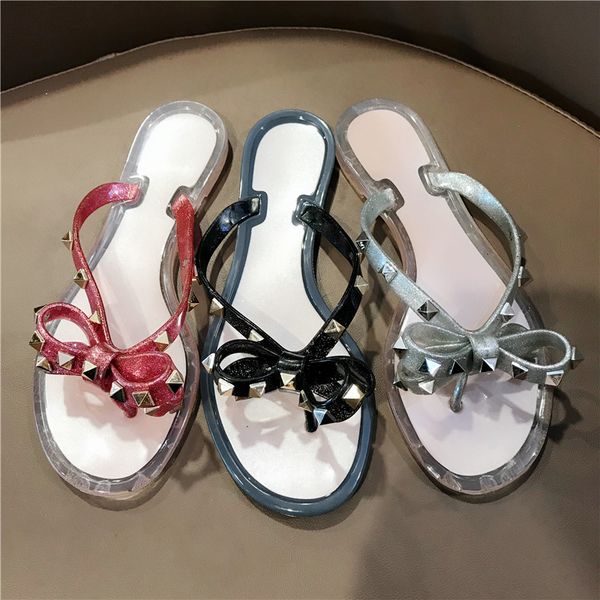 

fashion glitter silver rivets bowtie pvc flat slides women designer sandals with box jelly shoes, Black