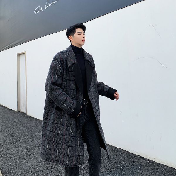 

men overcoat wool plaid trench coat outerwear spring autumn male vintage fashion casual loose long jacket, Black