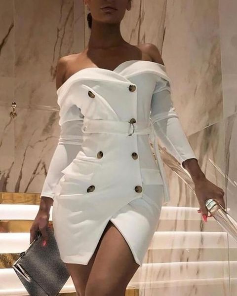 

solid double breasted slit blazer dress women long sleeve buttoned mini dress workwear ladies autumn casual short dresses, Black;gray