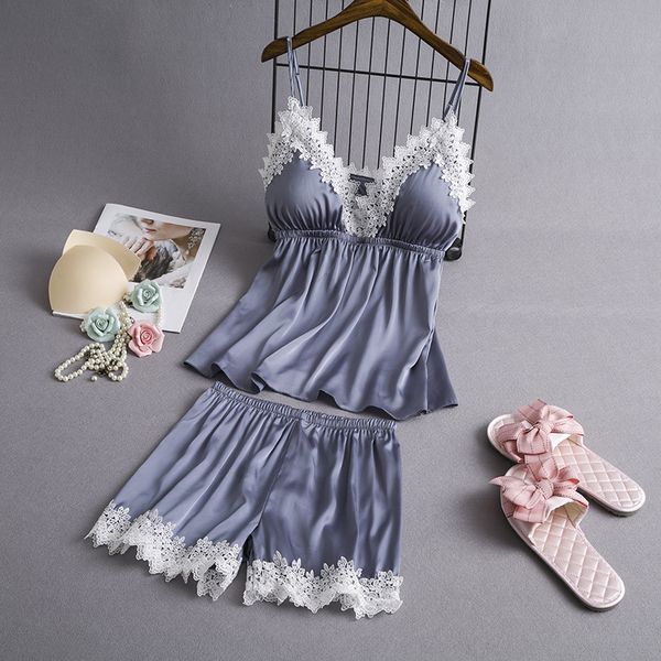 

white lace spaghetti strap+pant home set casual satin pajamas pyjamas suit summer new sleepwear nightwear negligee lounge, Blue;gray