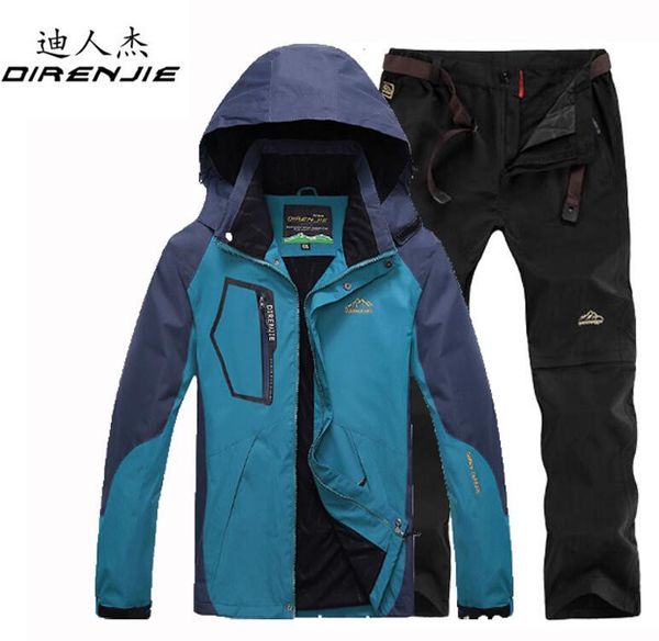 

direnjie autumn fishing hiking camping trekking sportswear suit men's outdoor waterproof windproof jacket +quick dry pants sets, Blue;black