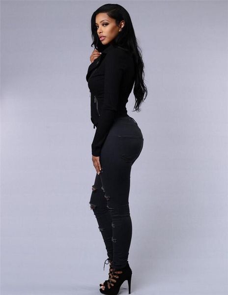 

fashion zipper fly women holes jeans summer high waist light skinny jeans ladies long denim pants, Blue