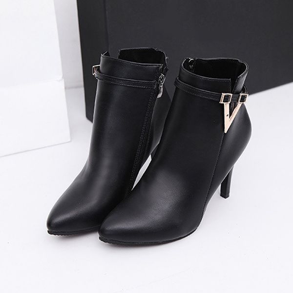 

autumn winter leather zipper pointed toe women high-heeled boots woman shoes thin high heel booties ladies ankle boots for women, Black